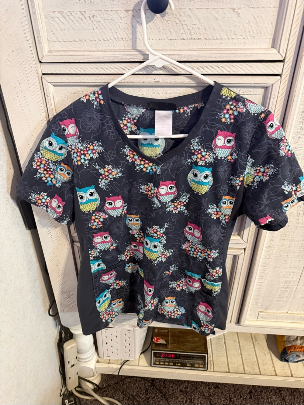 Cherokee Owl Print V-Neck Top - Black with Pink, Teal, Yellow Accents